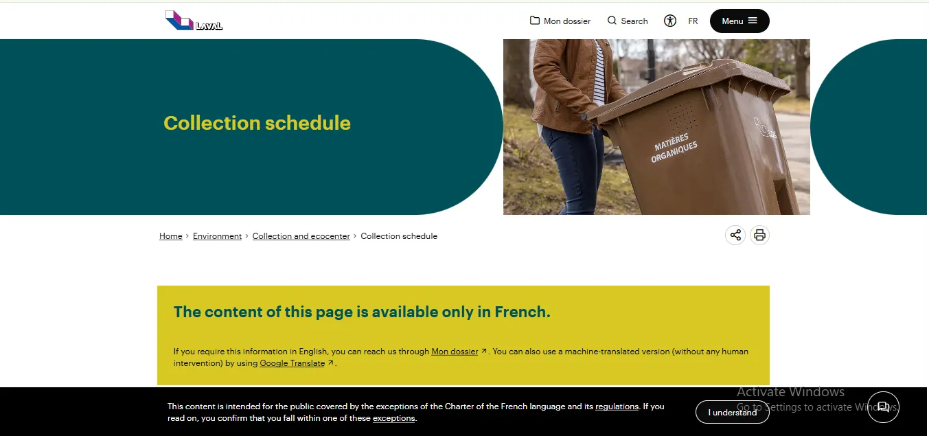 Official Ville de Laval collection schedule page for finding garbage recycling organics and bulky item pickup dates