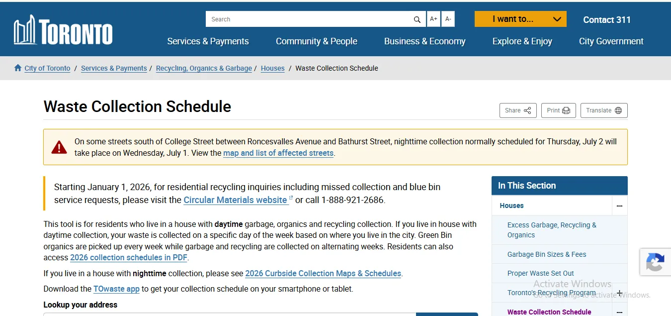 City of Toronto Waste Collection Schedule page showing the 2026 address lookup, PDF schedules, recycling contact change and July route alert