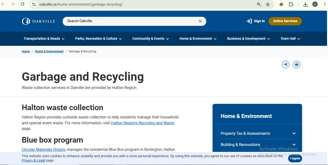 Town of Oakville garbage and recycling page explaining that Halton Region provides waste collection services