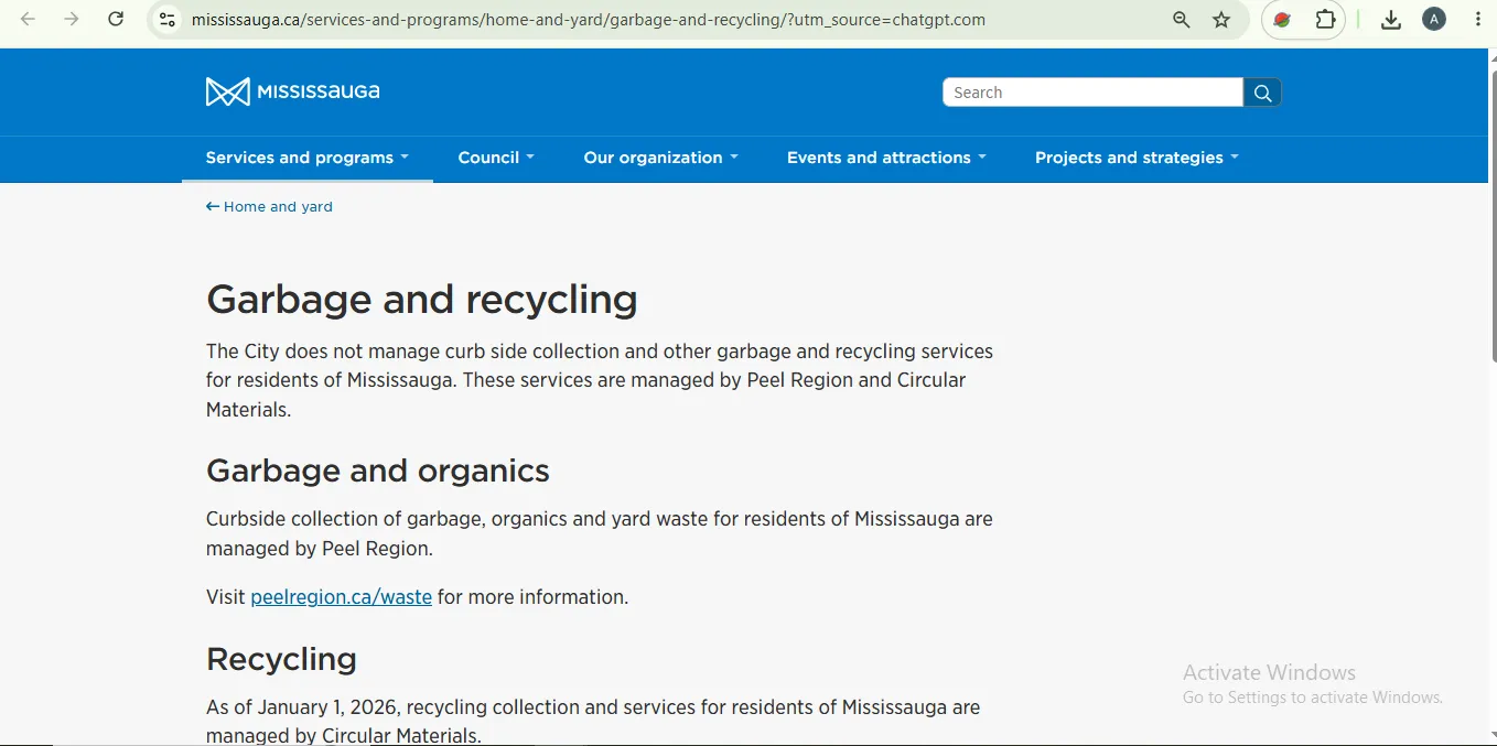 City of Mississauga garbage and recycling page showing Peel Region and Circular Materials service responsibilities