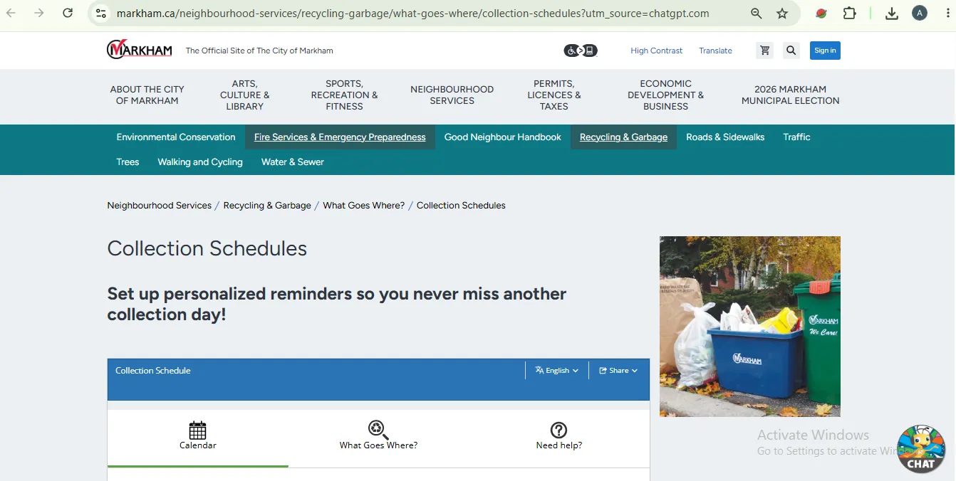 City of Markham collection schedule lookup page for checking garbage pickup day