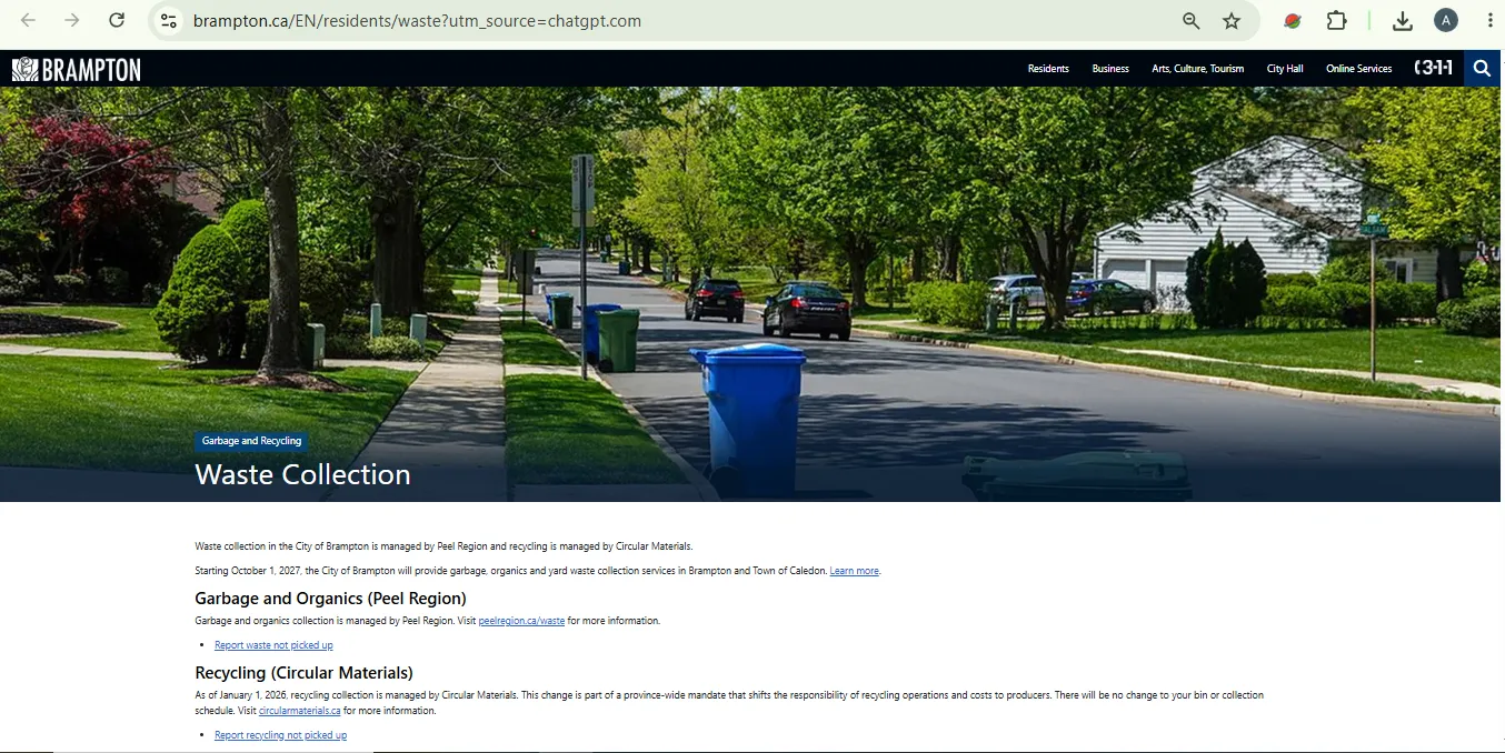 City of Brampton waste collection page explaining Peel Region garbage and organics service and Circular Materials recycling service