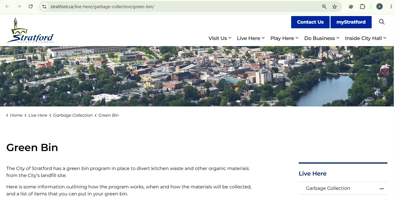 City of Stratford Ontario green bin information page showing official food waste collection guidance