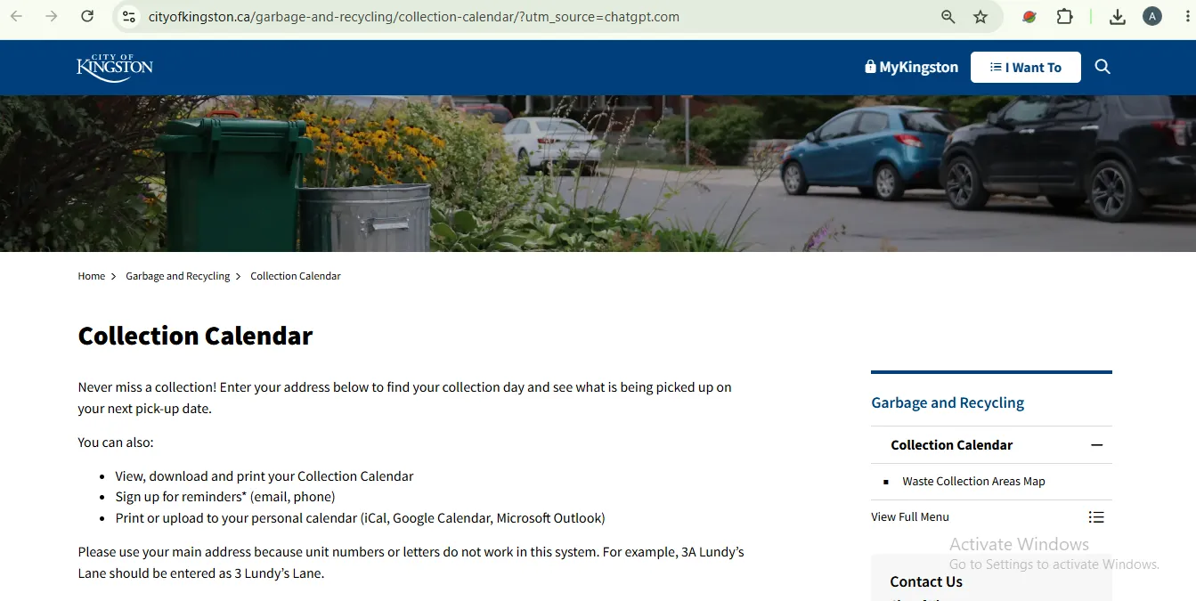 City of Kingston collection calendar lookup for garbage Green Bin blue box and grey box pickup dates