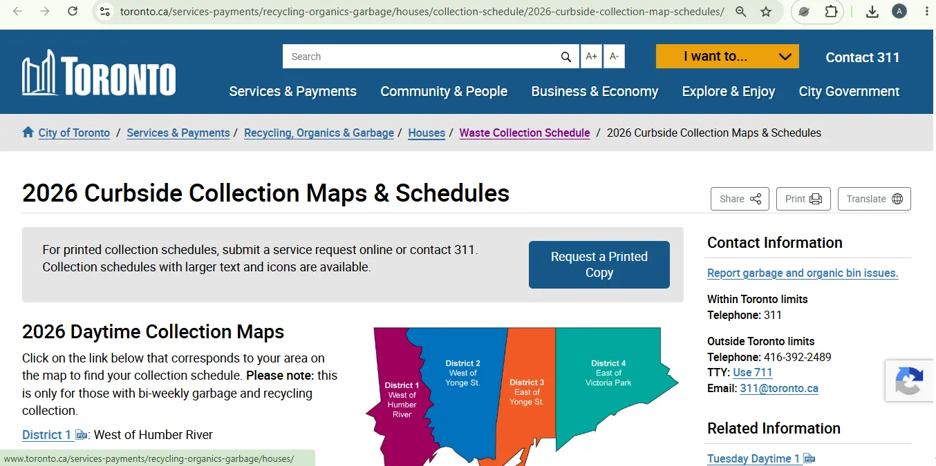 City of Toronto 2026 curbside collection maps and schedules page used by Etobicoke residents