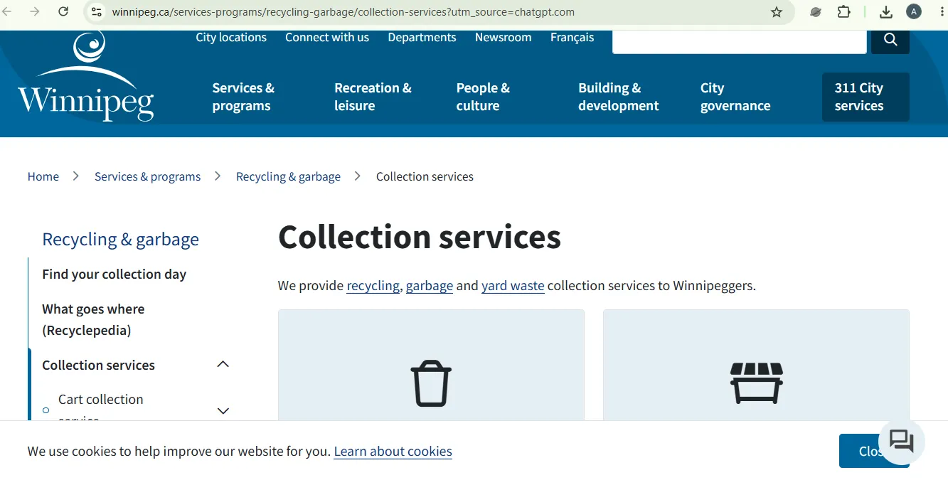 City of Winnipeg collection services webpage for garbage recycling and yard waste pickup information