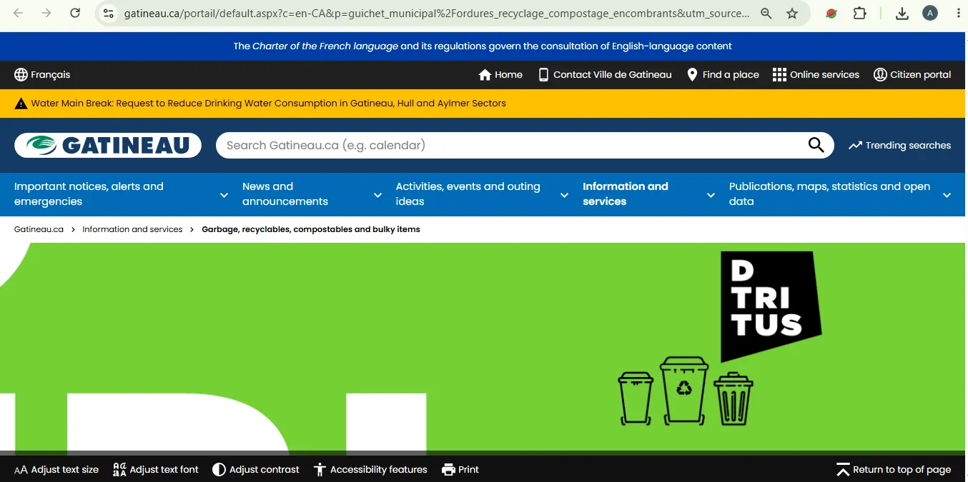 Ville de Gatineau DTRITUS waste collection page for checking garbage recycling compost and special collection dates
