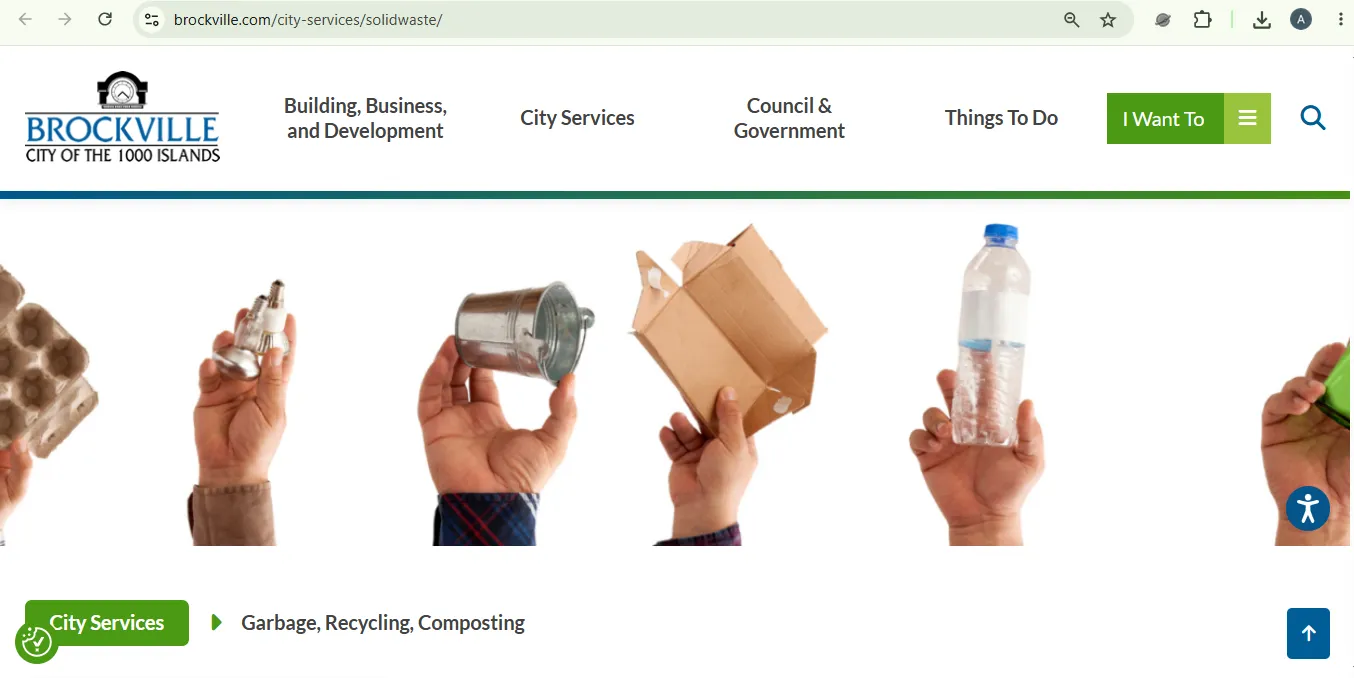 Screenshot of the City of Brockville garbage recycling and composting webpage used to verify local waste collection information