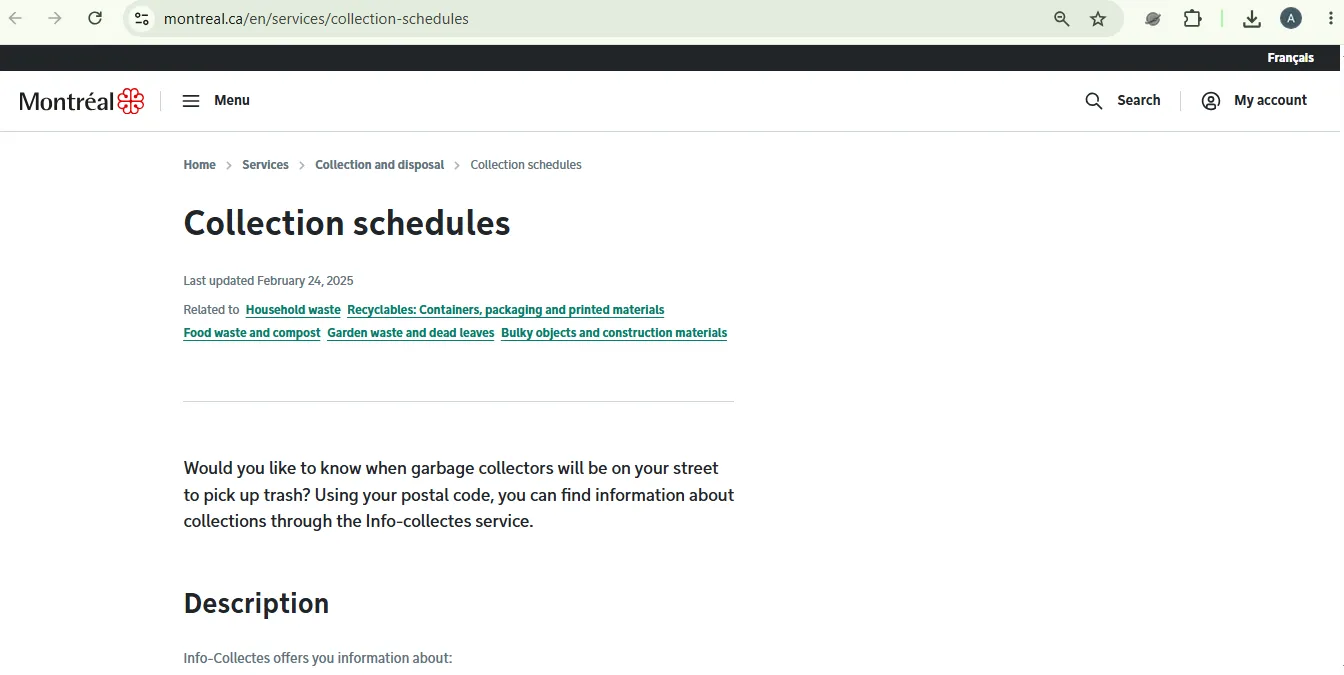 Official Montréal collection schedules page leading residents to the Info-collectes postal-code lookup