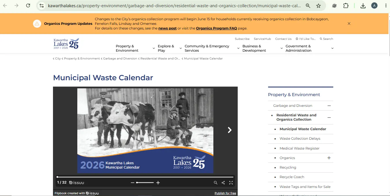 City of Kawartha Lakes Municipal Waste Calendar page with links to the 2026 calendar, collection map and Recycle Coach