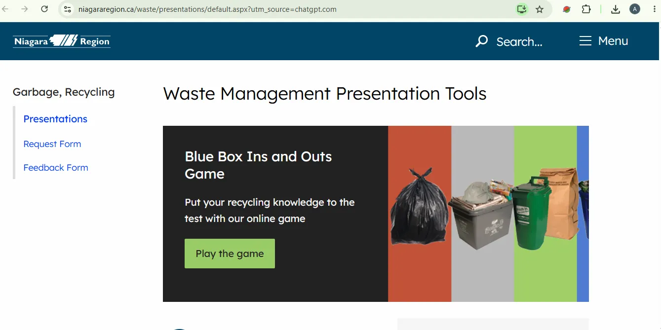 Niagara Region waste presentation page showing garbage, recycling, Green Bin and yard waste containers