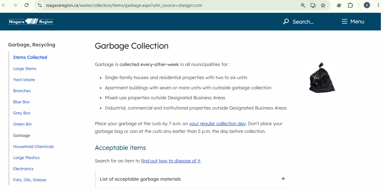 Niagara Region official garbage collection page showing collection eligibility and the 7 a.m. set-out rule