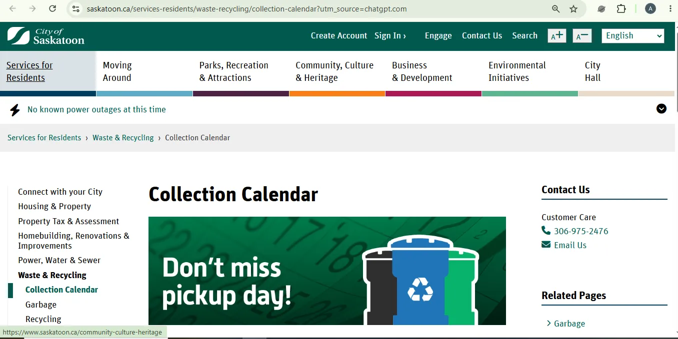 City of Saskatoon collection calendar address search for garbage recycling and Green Cart dates
