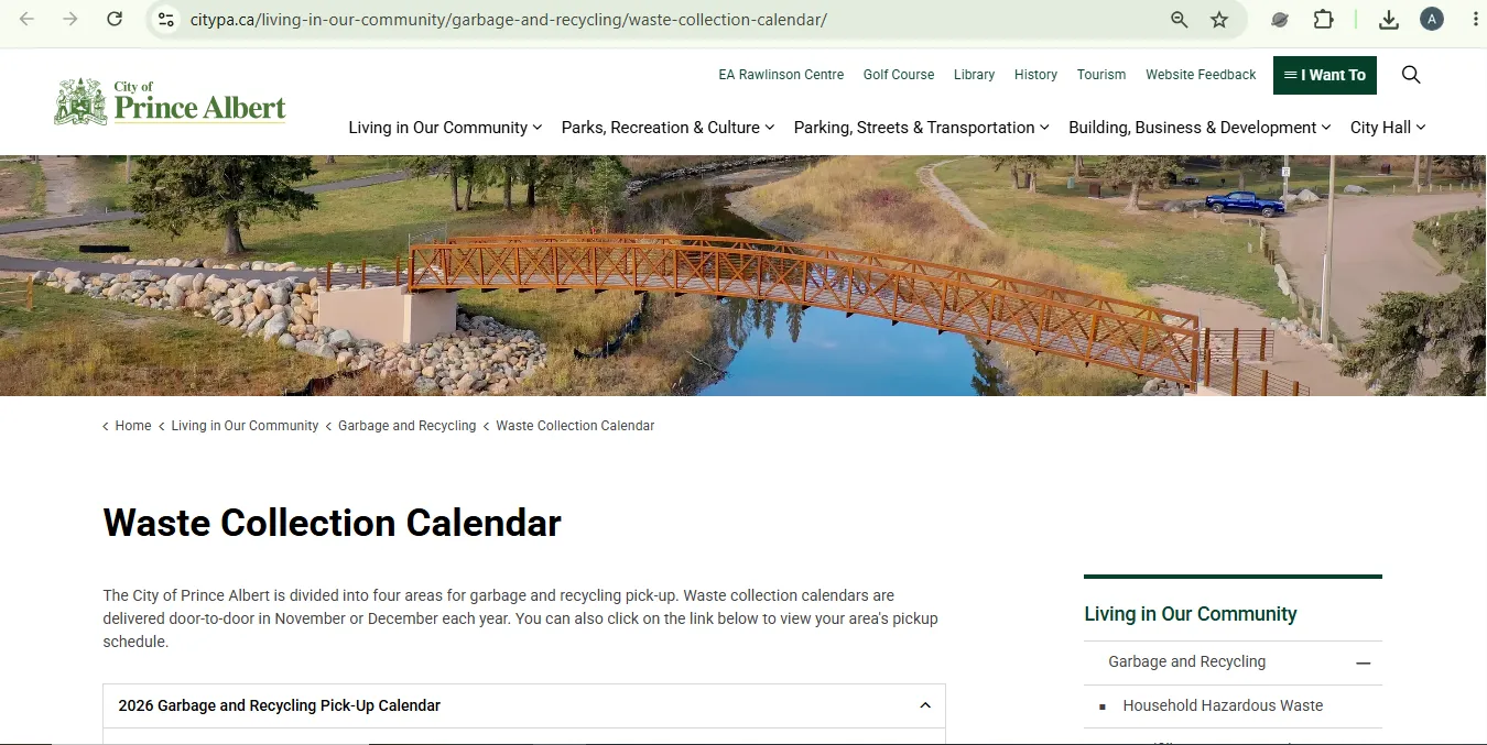 Prince Albert garbage schedule 2026 pickup calendar and Recycle Coach visual reference
