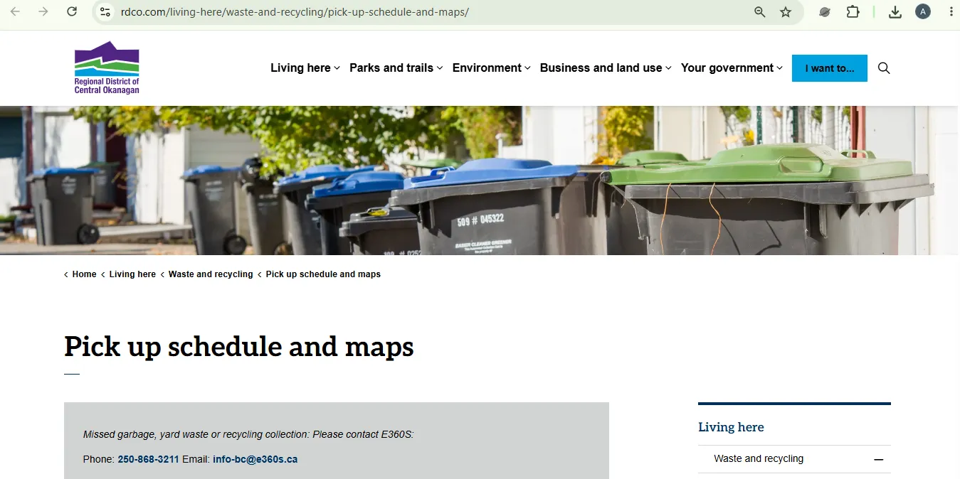 Screenshot showing the Regional District of Central Okanagan garbage pickup schedule and map page for Kelowna residents