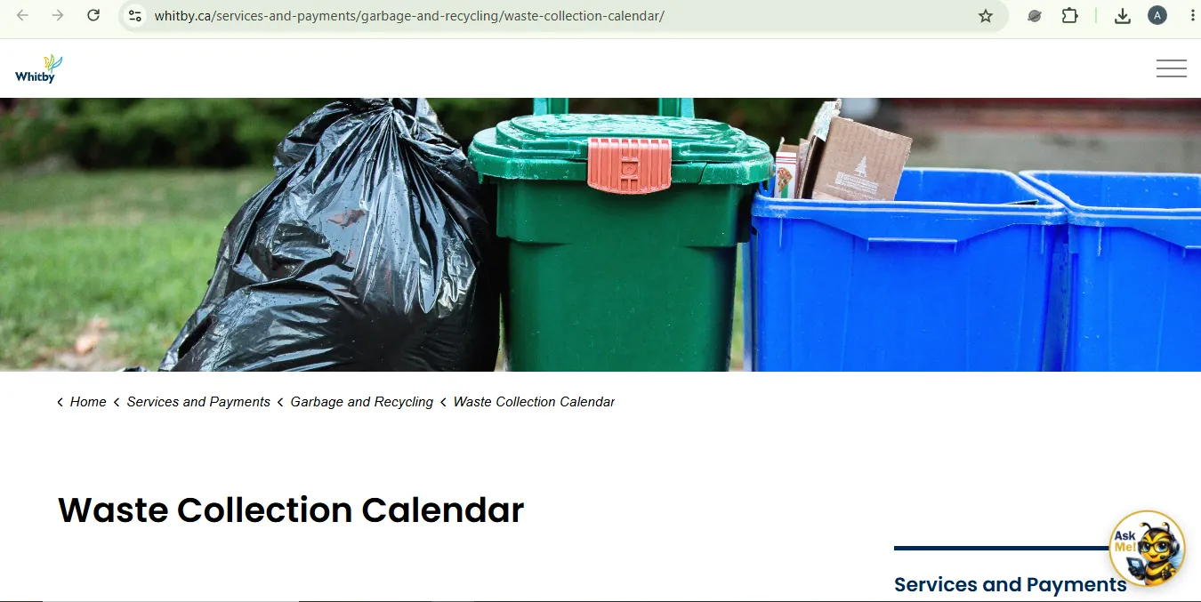 Whitby garbage schedule pickup day calendar and Waste Buddy app visual reference