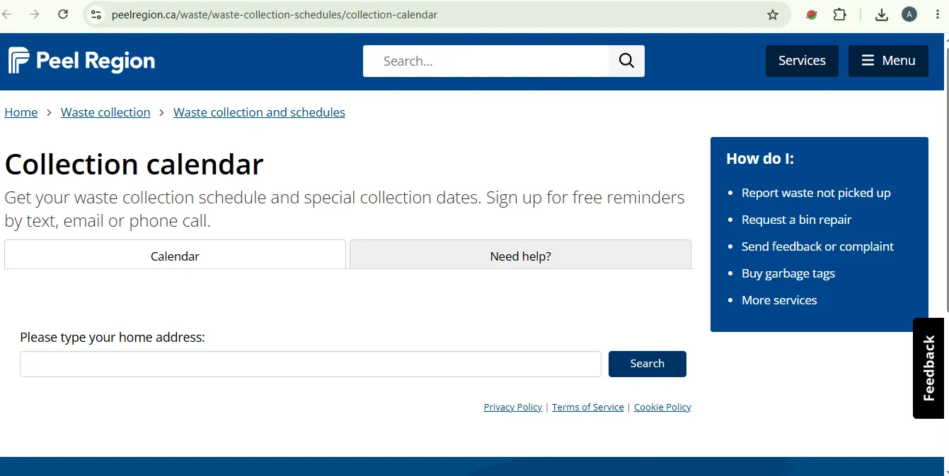 Peel Region official collection calendar address search for Brampton Mississauga and Caledon waste pickup dates