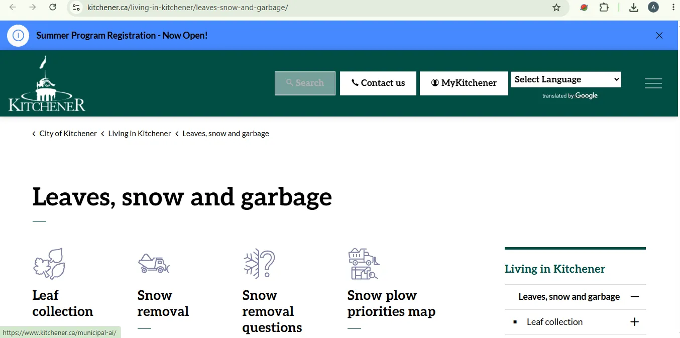 City of Kitchener leaves snow and garbage webpage directing residents to regional waste collection services