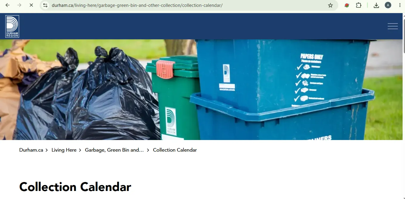Ajax garbage collection schedule official Durham Region pickup day calendar lookup for garbage recycling and green bin