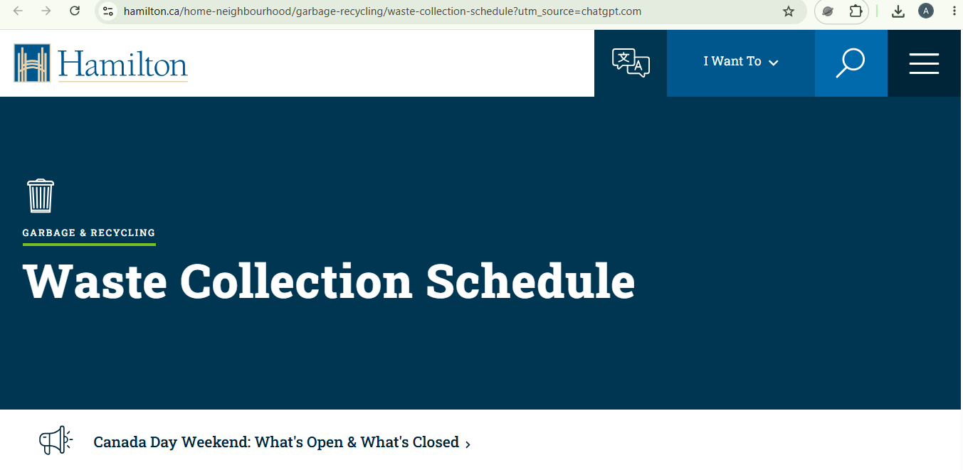 City of Hamilton official address-based waste collection schedule and calendar lookup