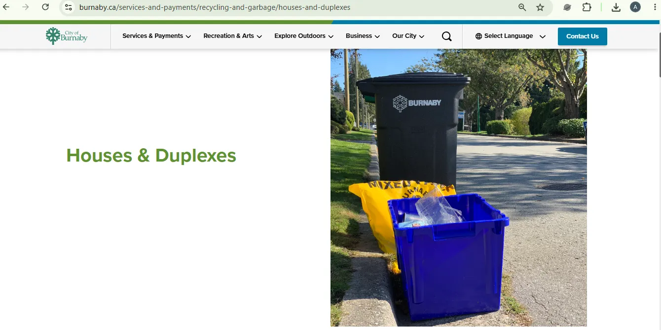 Official City of Burnaby houses and duplexes garbage recycling and green bin information page