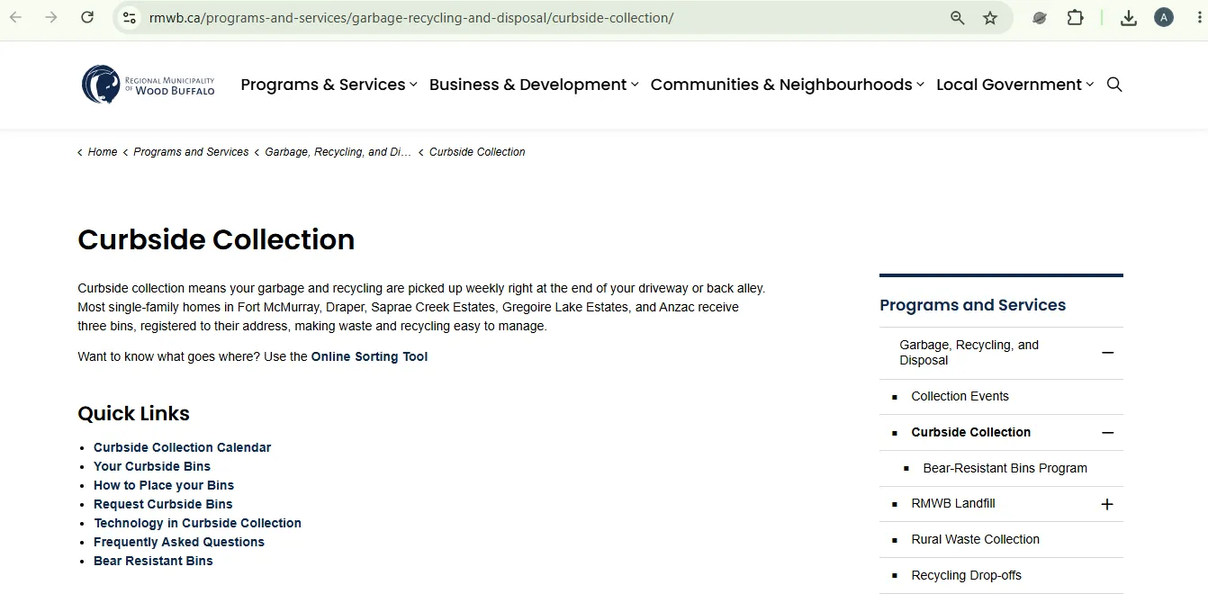 RMWB curbside collection webpage used to check the Fort McMurray garbage and recycling schedule