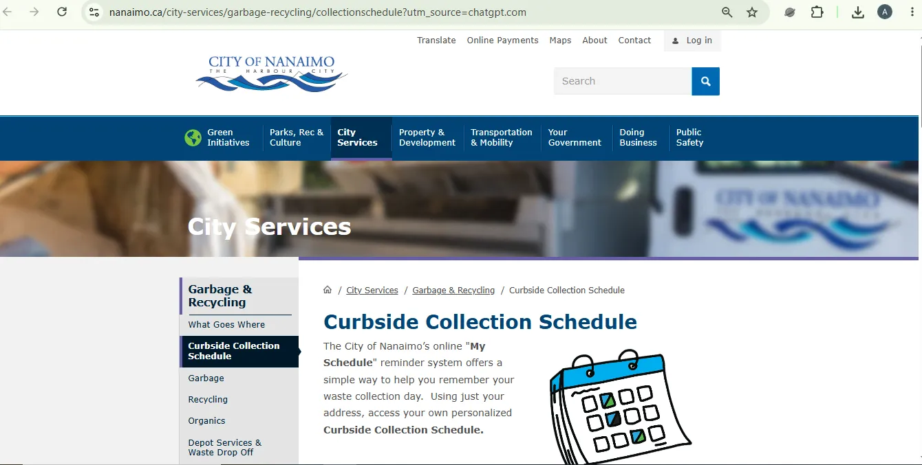 Screenshot of the City of Nanaimo collection schedule page where residents enter an address to check garbage recycling and organics dates