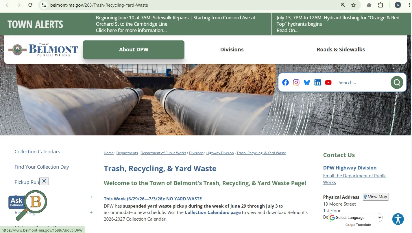 Belmont MA trash recycling and yard waste collection calendar reference for pickup day and recycling week